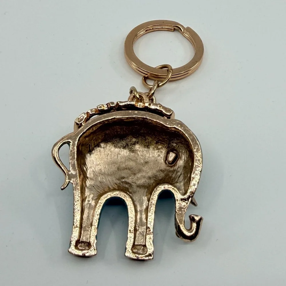 Vintage Teal Enamel Elephant Keychain with Gold Tone & Rhinestones